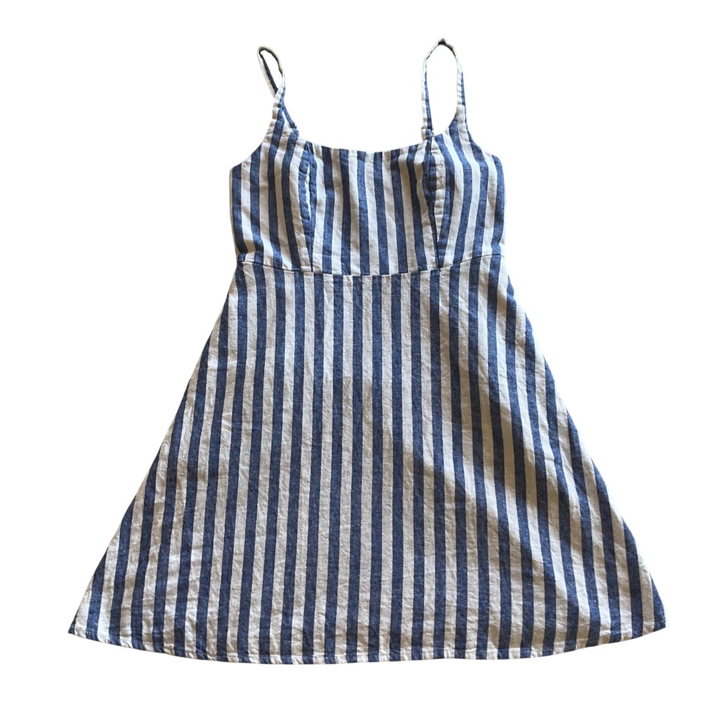 Cami Mini‎ Sun Dress Womens Small Blue White Striped Linen Blend Smocked